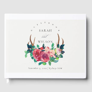Rustic Boho Red Blommigt Stag Antlers Bröllop Gästböcker