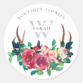 Rustic Boho Red Blommigt Stag Antlers Monogram Runt Klistermärke