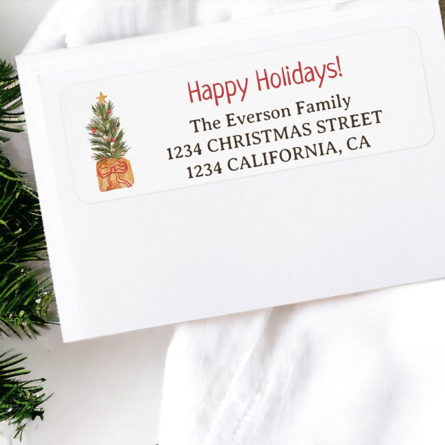 Rustic Boho Red Watercolor Julgran Returadress Etikett (Rustic Boho Red Watercolor Christmas Tree Label)