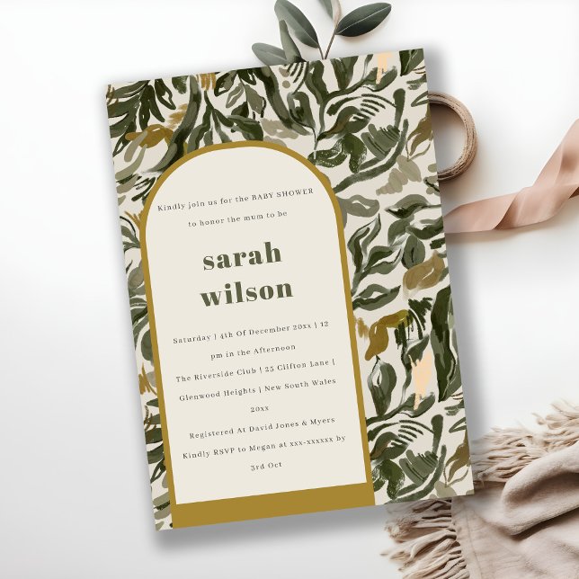 Rustic Boho Retro Arch Grönt Botanical Baby Shower Inbjudningar (Skapare uppladdad)