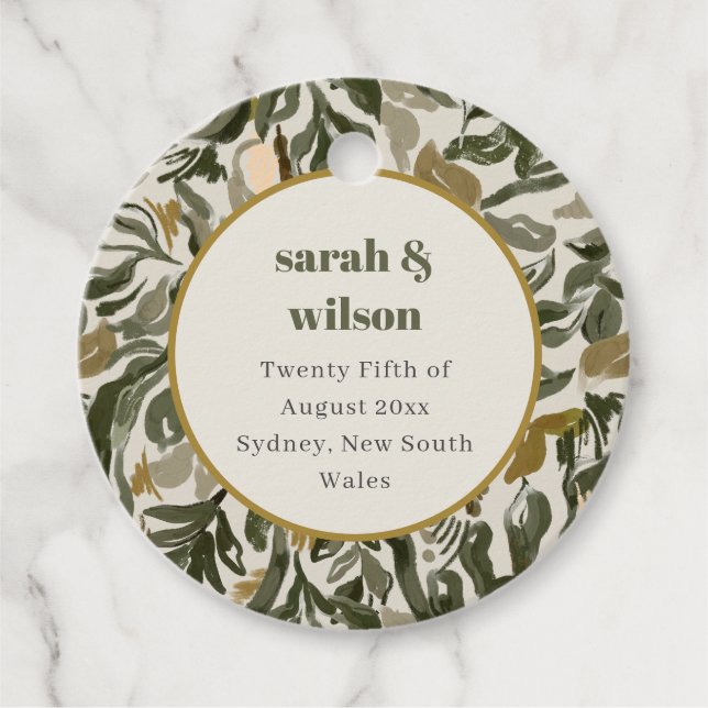 Rustic Boho Retro Arch Grönt Botanical Bröllop Gåvor Etiketter (Framsida)