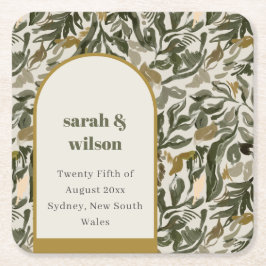 Rustic Boho Retro Arch Grönt Botanical Bröllop Underlägg Papper Kvadrat