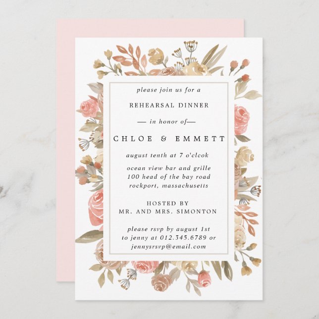 Rustic Boho  Ro Blommigt Rehearsal Middag Inbjudningar (Fram/baksida)