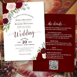 Rustic Boho Ro Burgundy  QR-kod Bröllop Inbjudningar