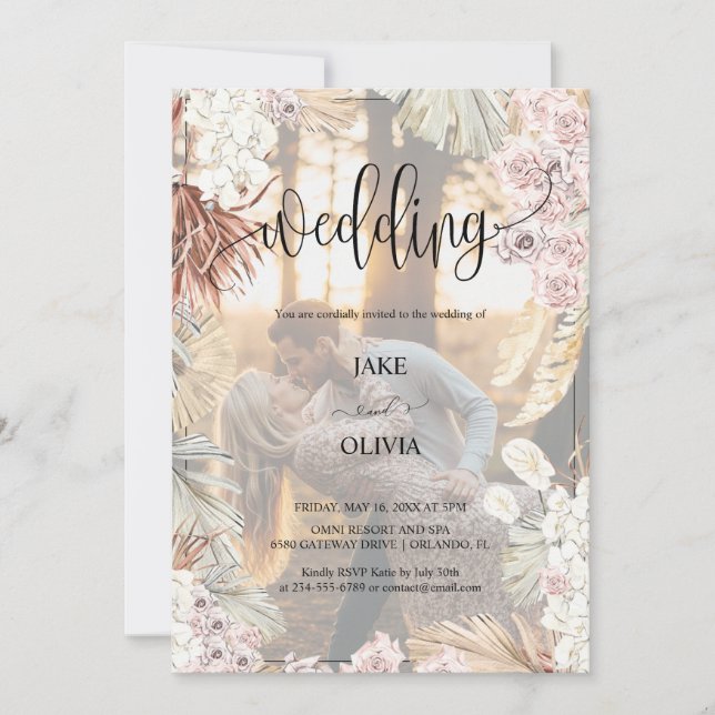 Rustic Boho Romantik Elegant Photo Blommigt Bröllo Inbjudningar (Framsida)