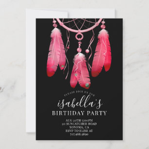 Rustic Boho Rosa Dream Catcher Black Birthday Inbjudningar
