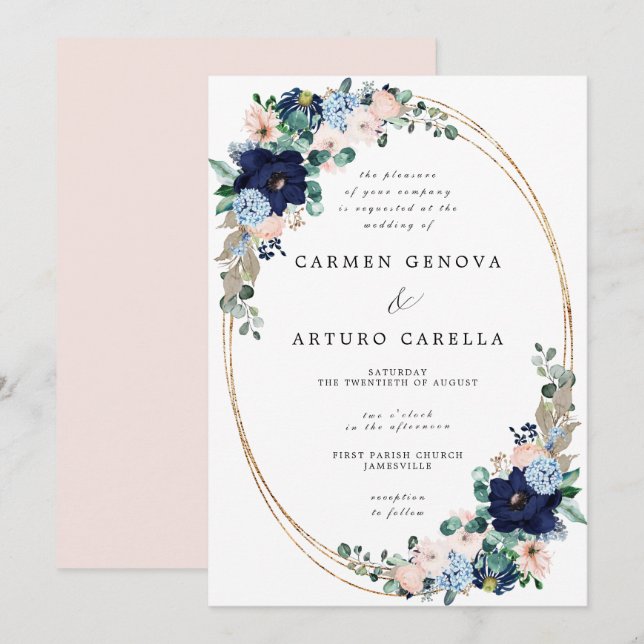 Rustic Boho  Rosa Dusty Blue Blommigt Bröllop I Inbjudningar (Fram/baksida)