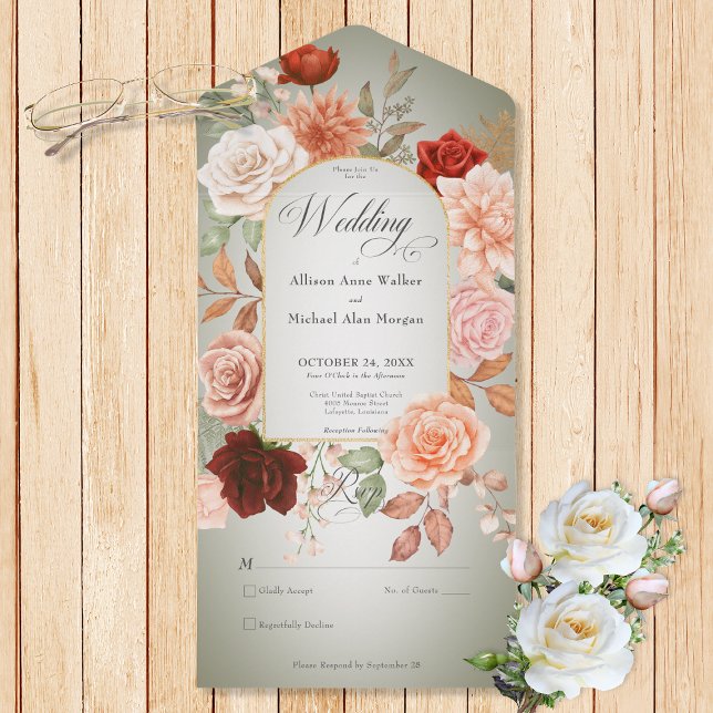 Rustic Boho Rust Peach Blommigt Arch Sage No Midda (Also available with a QR code or with dinner selection options.)