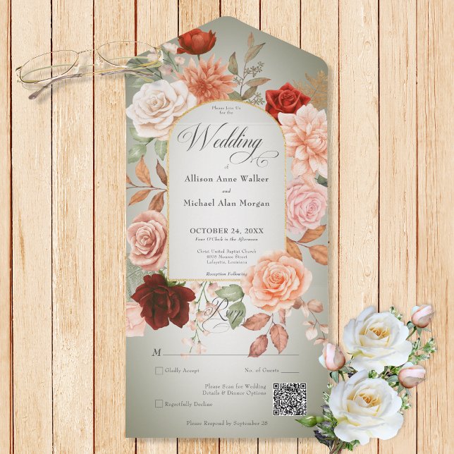 Rustic Boho Rust & Peach Blommigt Arch Sage QR-kod (Also available without a QR code; with or without dinner selection options.)