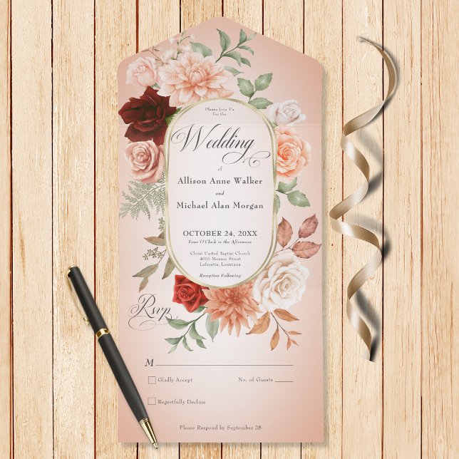 Rustic Boho Rust Peach Blommigt Oval  ingen middag (Also available with a QR code or with dinner selection options.)