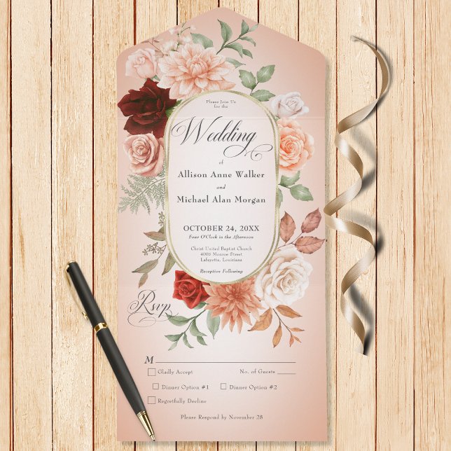 Rustic Boho Rust & Peach Blommigt Oval  middag (Also available with a QR code or without dinner selection options.)
