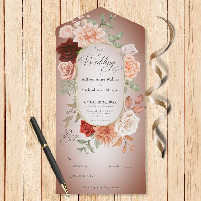 Rustic Boho Rust Peach Blommigt Oval Rust nr Dinne (Also available with a QR code or with dinner selection options.)