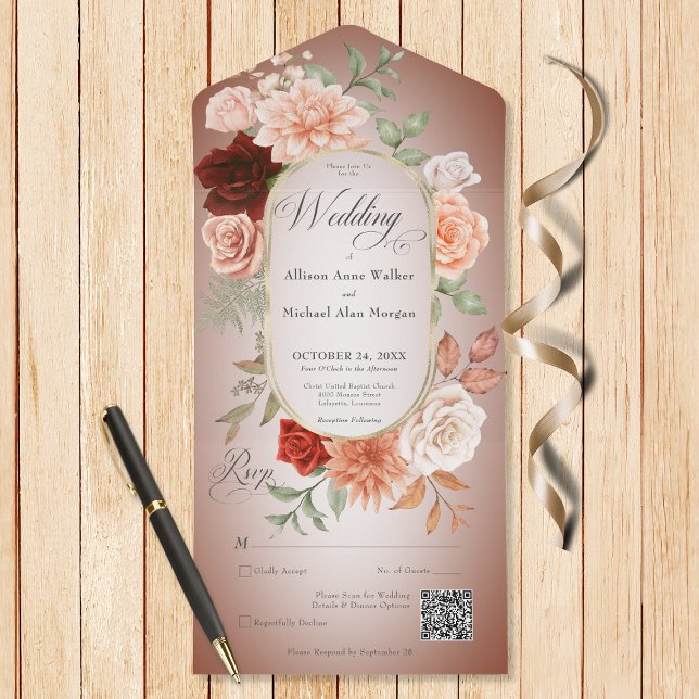 Rustic Boho Rust & Peach Blommigt Oval Rust QR-kod (Also available without a QR code; with or without dinner selection options.)