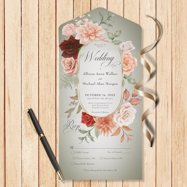 Rustic Boho Rust & Peach Blommigt Oval Sage Middag (Also available with a QR code or without dinner options.)