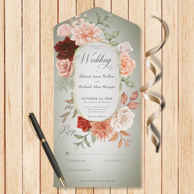 Rustic Boho Rust Peach Blommigt Oval Sage No Midda (Also available with a QR code or with dinner selection options.)