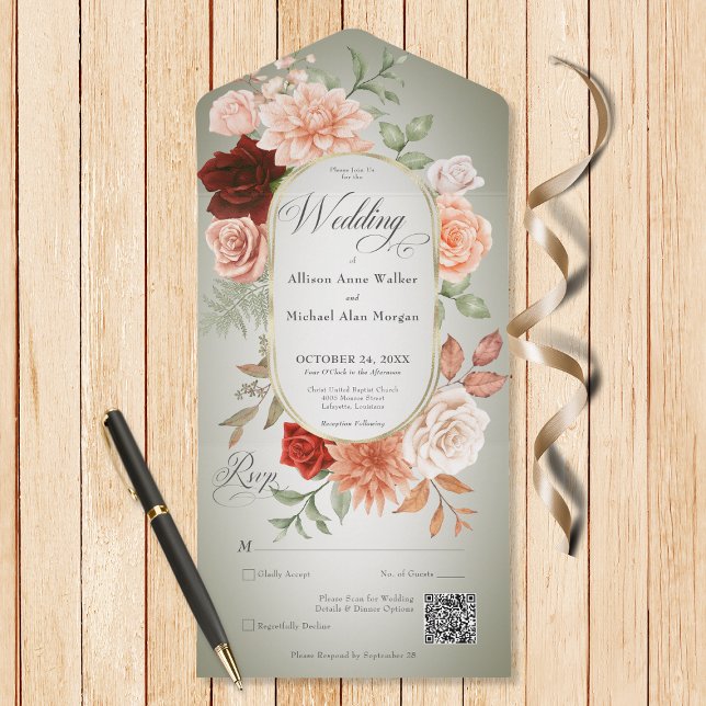 Rustic Boho Rust & Peach Blommigt Oval Sage QR-kod (Also available without a QR code; with or without dinner selection options.)