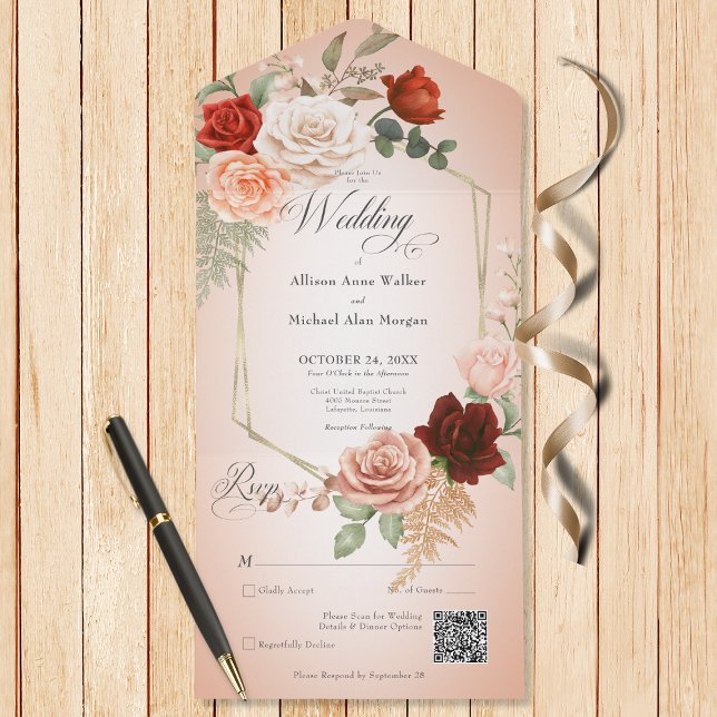 Rustic Boho Rust Peach Blommigt Ram  QR-kod (Also available without a QR code; with or without dinner selection options.)