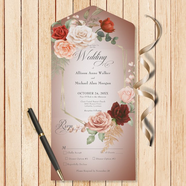 Rustic Boho Rust & Peach Blommigt Ram Rust Dinner (Also available with a QR code or without dinner selection options.)