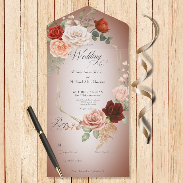 Rustic Boho Rust Peach Blommigt Ram Rust ingen mid (Also available with a QR code or with dinner selection options.)