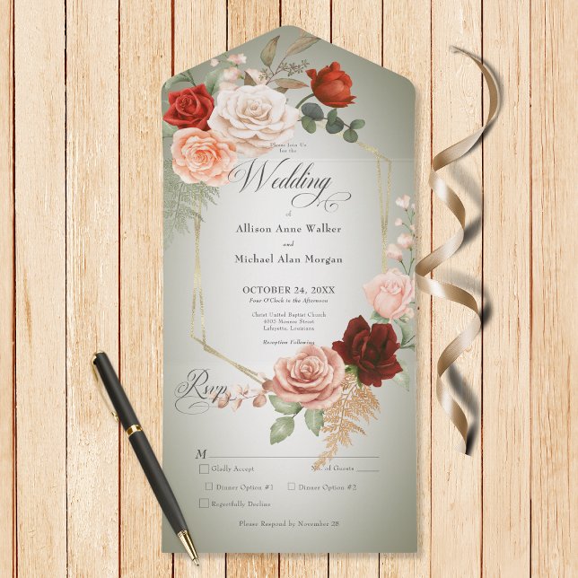Rustic Boho Rust & Peach Blommigt Ram Sage Middag (Also available with a QR code or without dinner selection options.)
