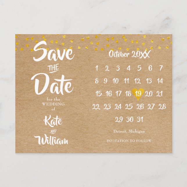 Rustic Boho Save Date Calendar Guld Heart Meddelande Vykort (Framsida)
