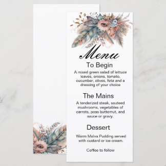 Rustic Boho Silver & Pink Floral Wedding Menu Meny
