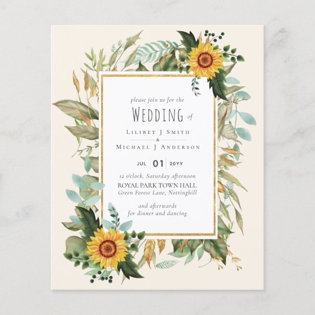 Rustic BOHO Solblommor Greenery Bröllop Flygblad (Framsidan)