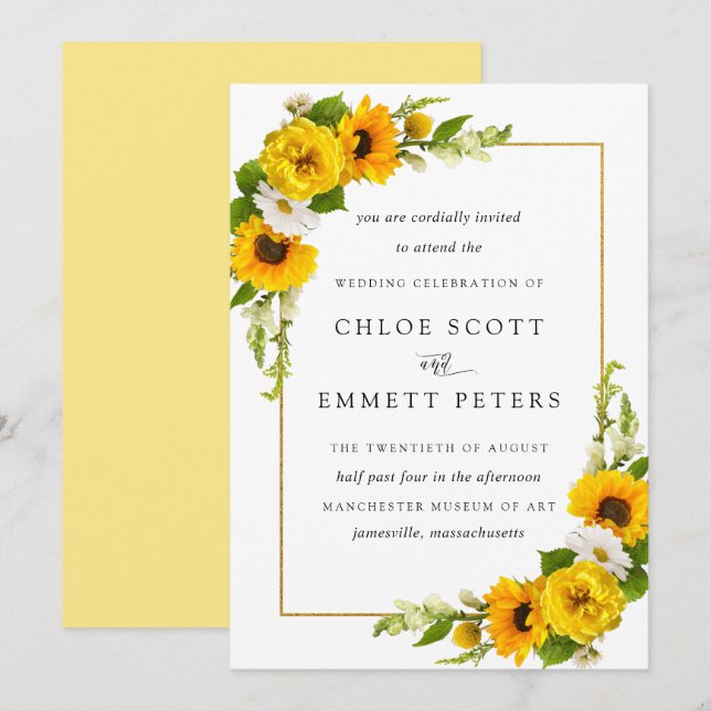 Rustic Boho Solros Gult Sommar Blommigt Bröllop Inbjudningar (Fram/baksida)