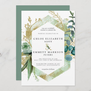 Rustic Boho Teal Blue Botanical Guld Bröllop Inbjudningar
