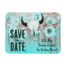 Rustic Boho Teal Sunwers Western Cow Skull Magnet