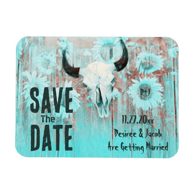 Rustic Boho Teal Sunwers Western Cow Skull Magnet (Horisontell)