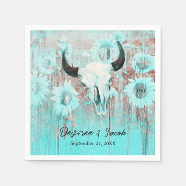 Rustic Boho Teal Western SunblommBull Skull Pappersservett (Framsidan)
