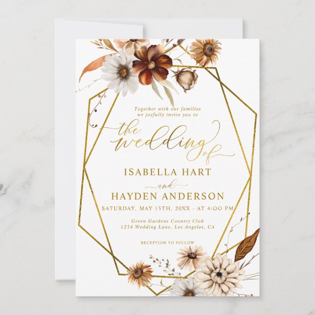 Rustic Boho Terracotta Blommigt Guld Ram Bröllop Inbjudningar (Framsida)