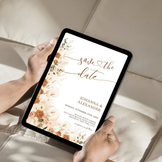 Rustic Boho Terracotta Blommigt QR-koden Bröllop Spara Datumet (Skapare uppladdad)