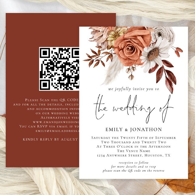 Rustic Boho Terracotta Fall Blommigt QR-koden Bröl Inbjudningar (Available digitally and printed)