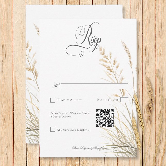 Rustic Boho Torte Tan Grass Bröllop QR-kod OSA Kort (Rustic Boho Dried Tan Grass Wedding QR Code RSVP Card)