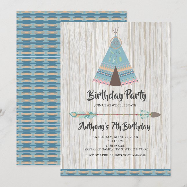 Rustic Boho Tribal Blue Teepee Födelsedagsfest Inbjudningar (Fram/baksida)