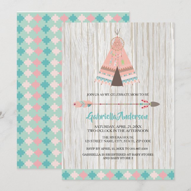 Rustic Boho Tribal Teepee Baby Shower-inbjudan Inbjudningar (Fram/baksida)