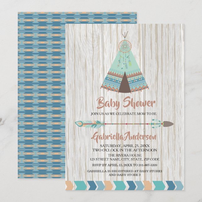 Rustic Boho Tribal Teepee Baby Shower Inbjudningar (Fram/baksida)
