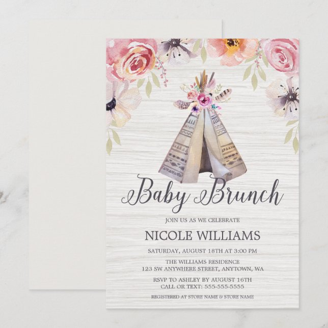 Rustic Boho Tribal Teepee Girl Baby Brunch Shower Inbjudningar (Fram/baksida)