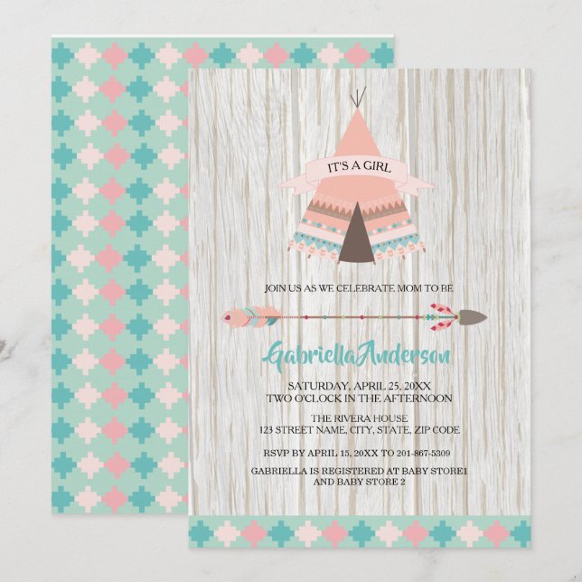 Rustic Boho Tribal Teepee Girl Baby Shower Inbjudningar (Fram/baksida)