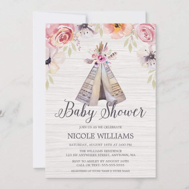 Rustic Boho Tribal Teepee Girl Baby Shower Inbjudningar (Framsida)