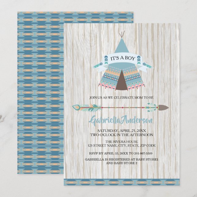 Rustic Boho Tribal Teepee Pojke Baby Shower Inbjudningar (Fram/baksida)