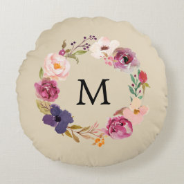 Rustic Boho Watercolor Blommigt Wandedegmonogram Rund Kudde