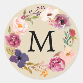 Rustic Boho Watercolor Blommigt Wandedegmonogram Runt Klistermärke