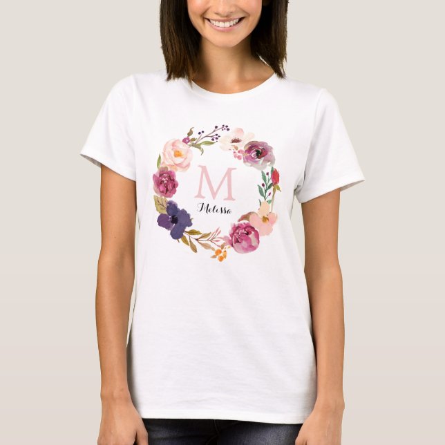 Rustic Boho Watercolor Blommigt Wandedegmonogram Tee Shirt (Framsida)