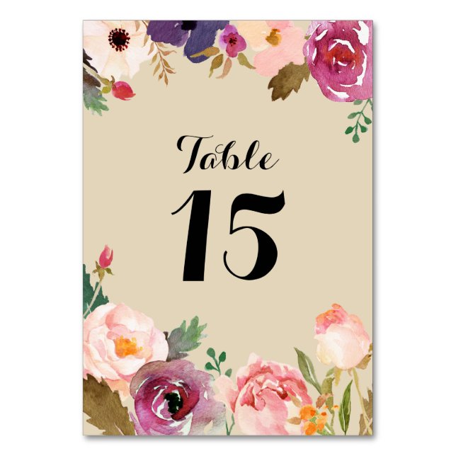 Rustic Boho Watercolor Flowers Bröllop Bordsnummer (Framsidan)