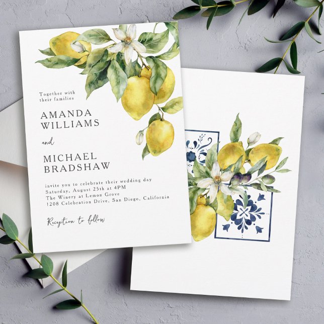 Rustic Boho Watercolor Lemons Citrus Bröllop Inbjudningar (Available in both printed and digital download formats.)