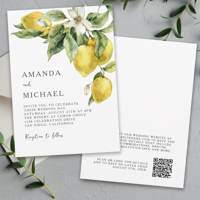 Rustic Boho Watercolor Lemons Citrus Bröllop Inbjudningar (Available in both printed and digital download formats.)