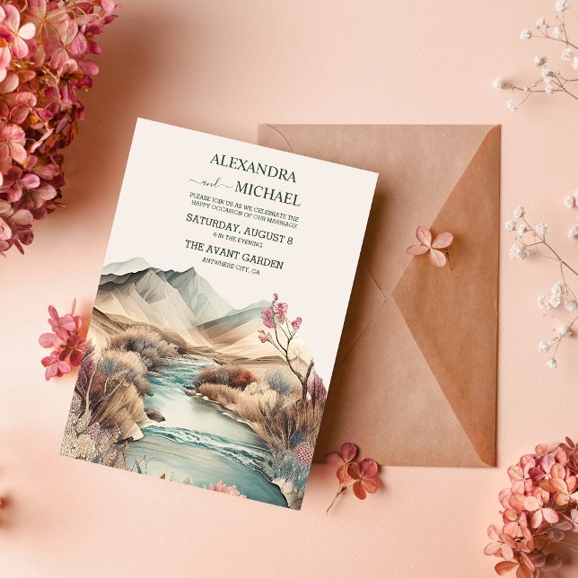 Rustic Boho Watercolor Mountain Bröllop Inbjudningar (Skapare uppladdad)